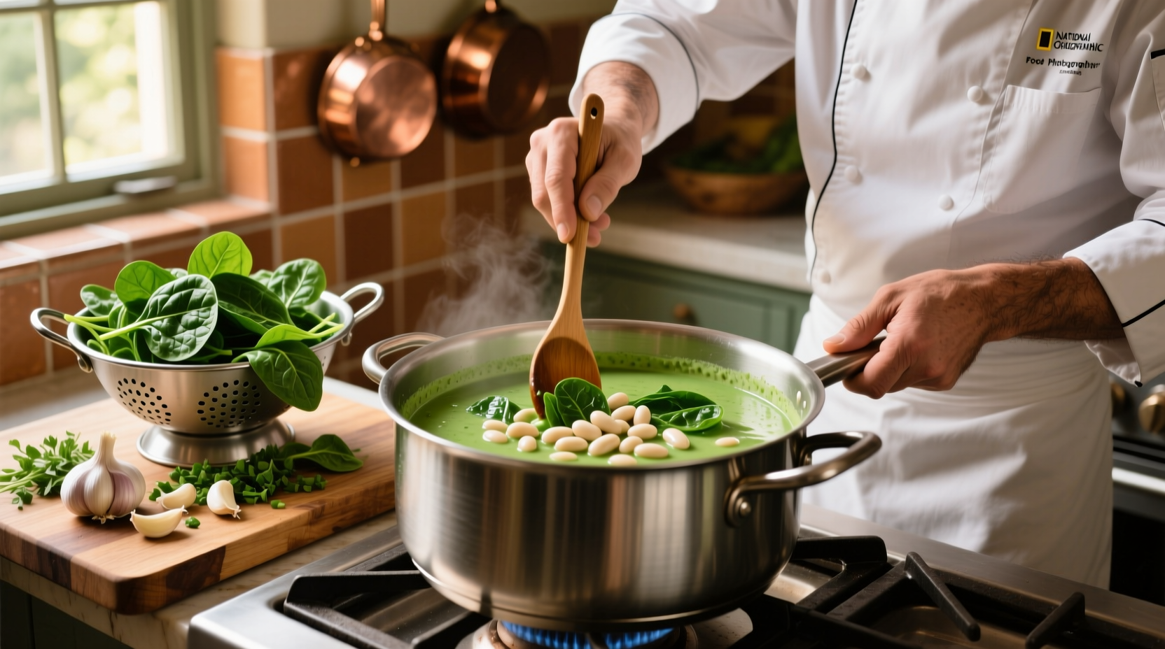 Chef preparing vibrant green spinach and white bean soup