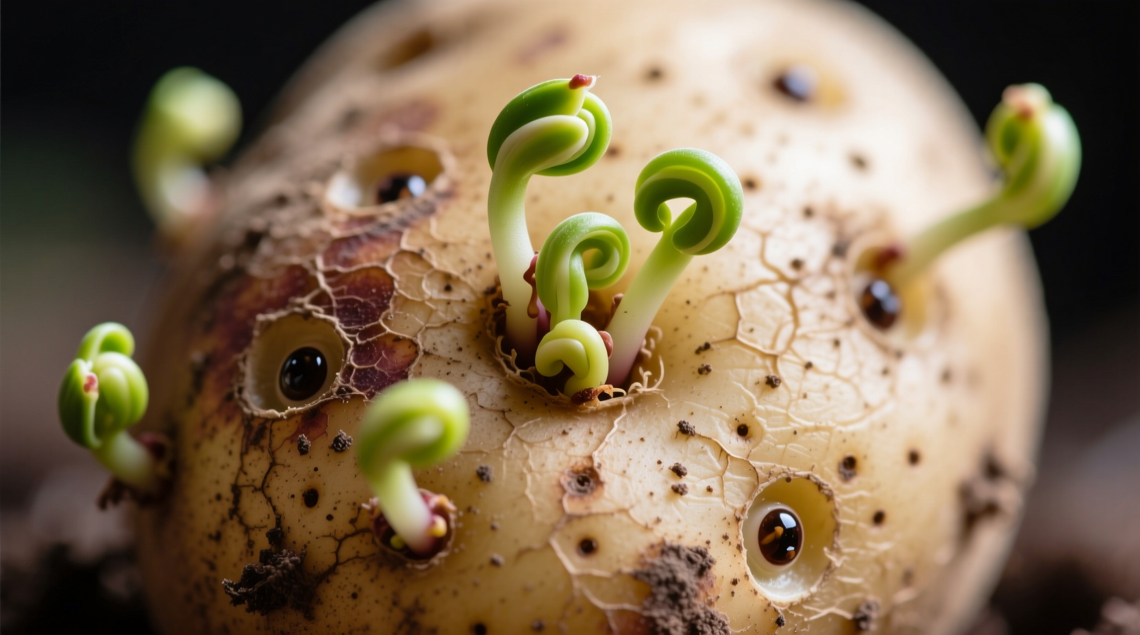 Close-up of sprouted potato with visible sprouts and eyes