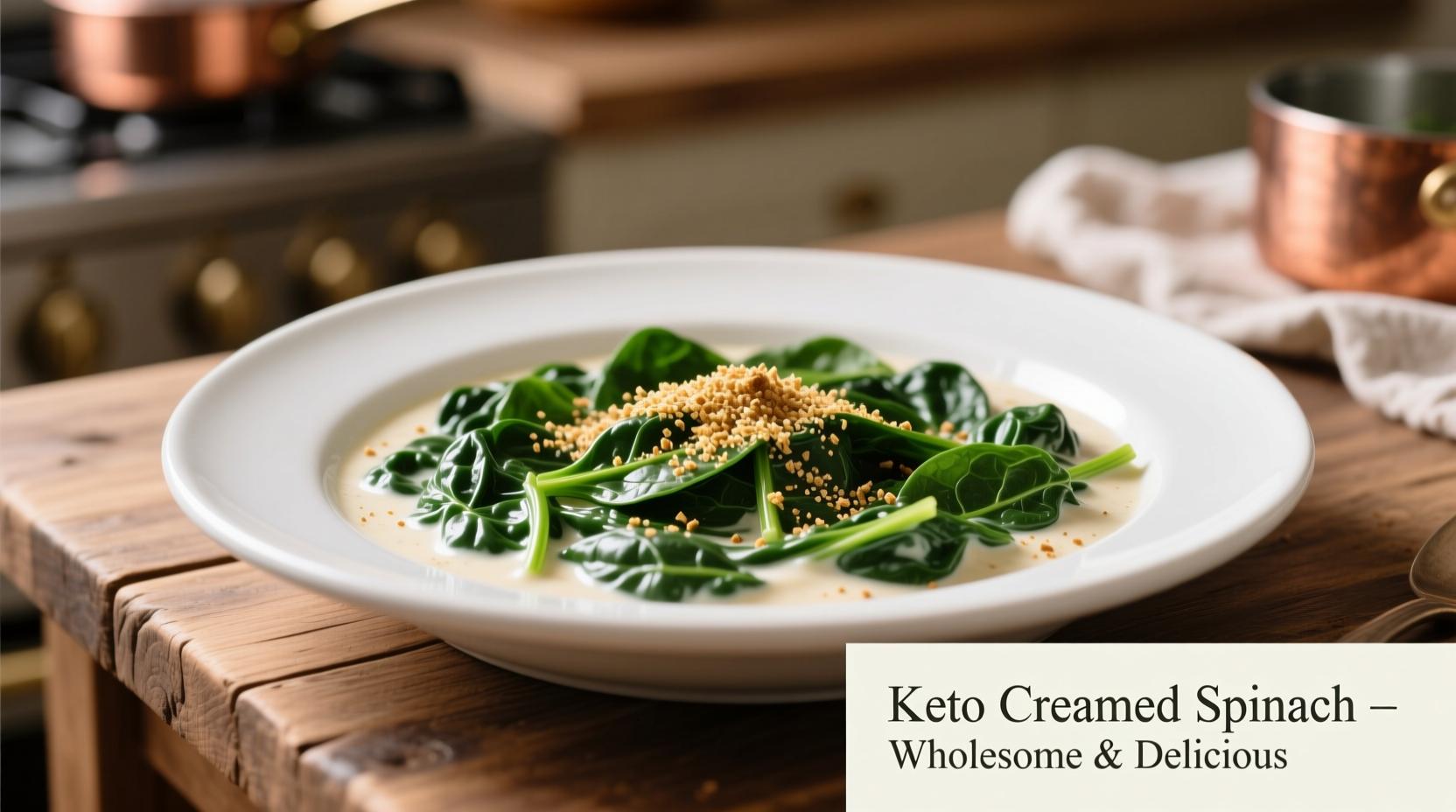 Keto creamed spinach in white ceramic dish with fresh nutmeg