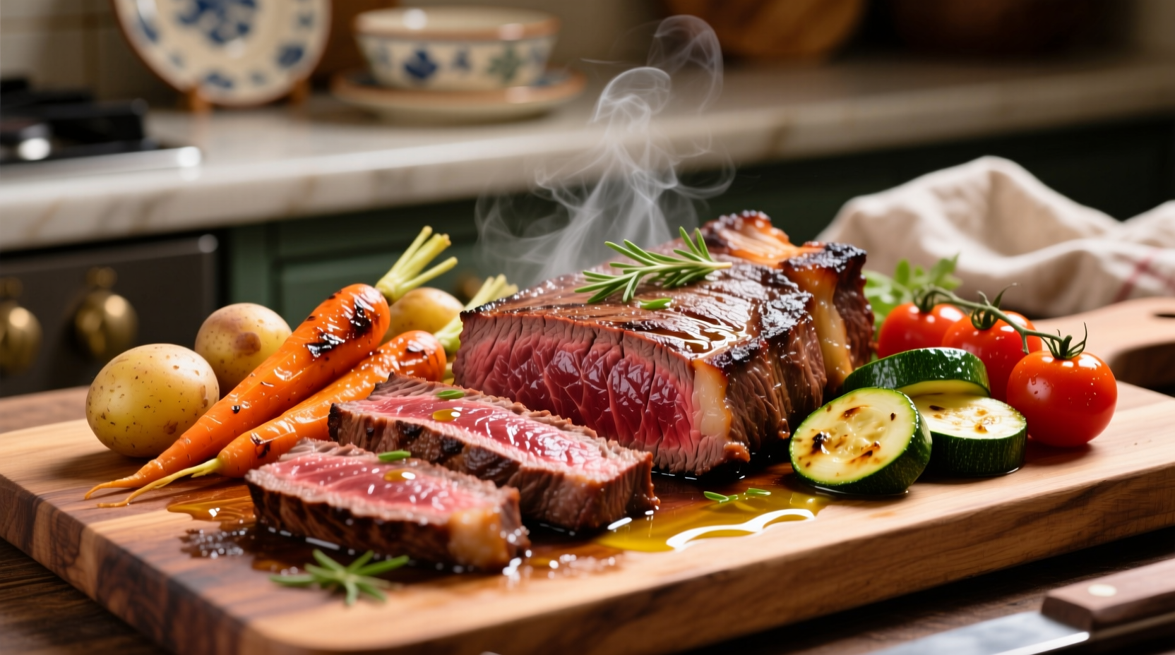 Sliced tender London broil with vegetables