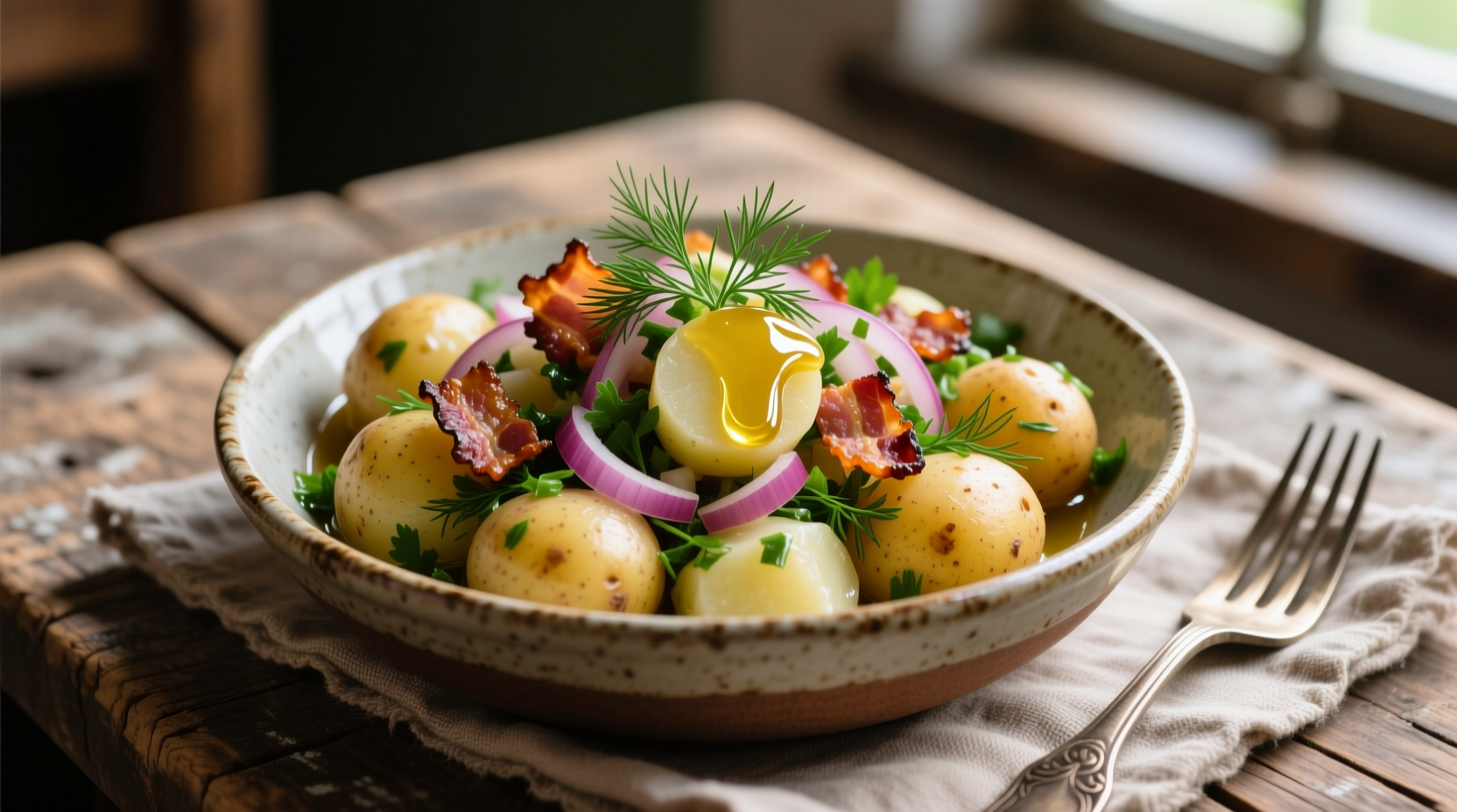 German potato salad with fresh herbs and bacon
