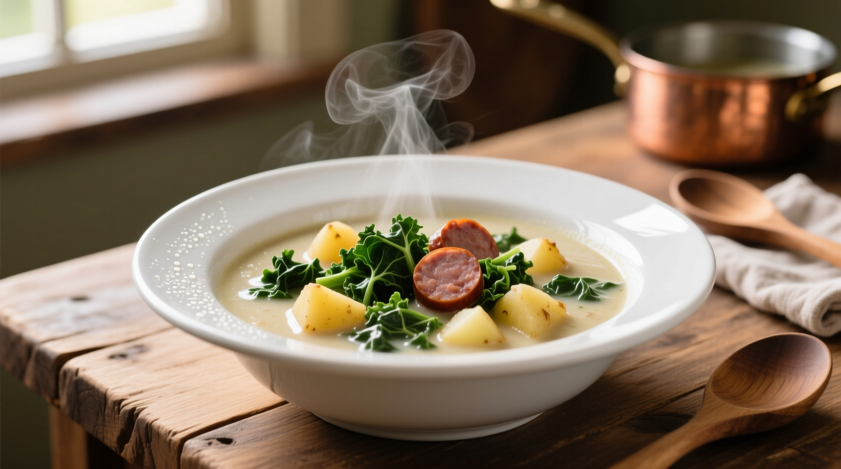 Kale potato sausage soup in white bowl