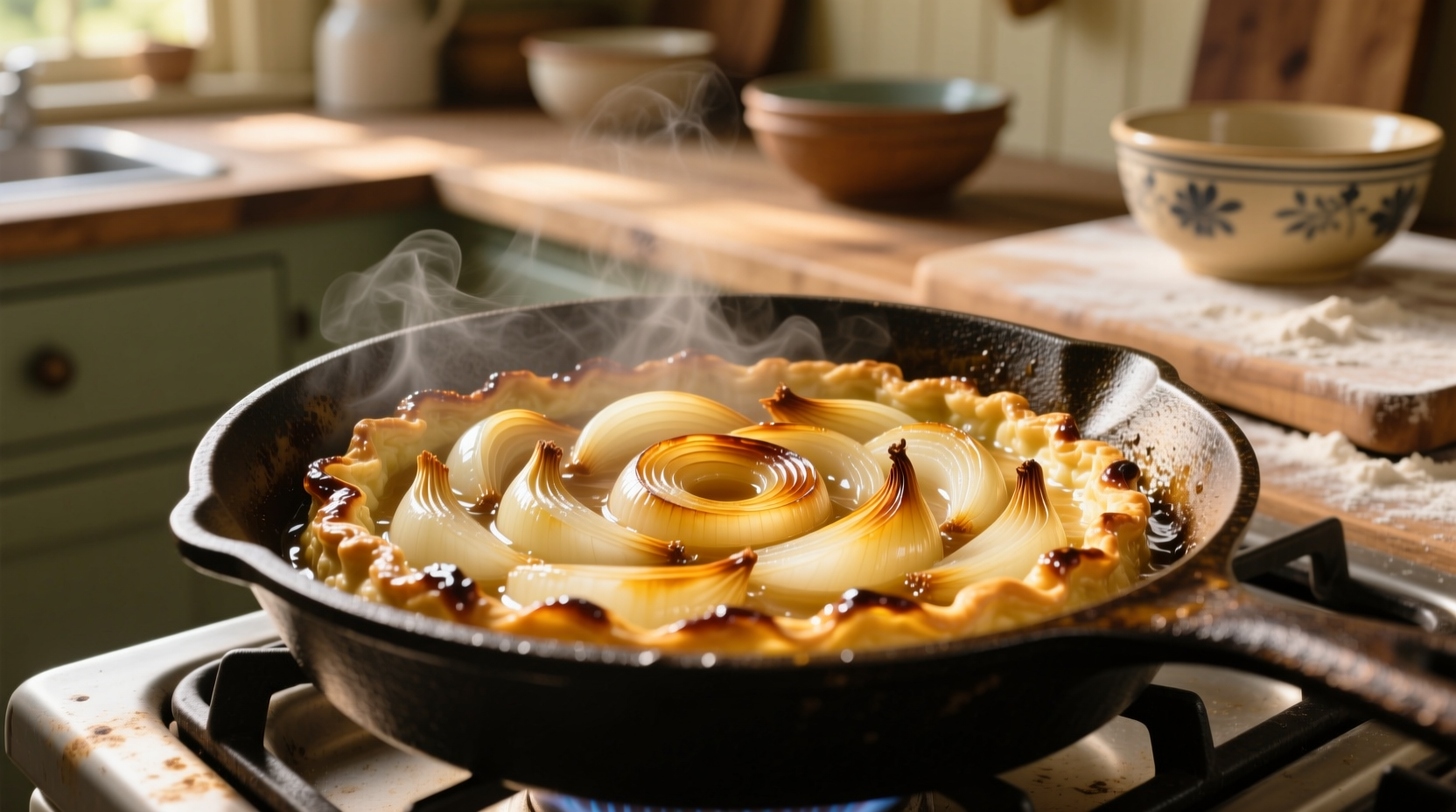 Golden caramelized onions in skillet for quiche preparation