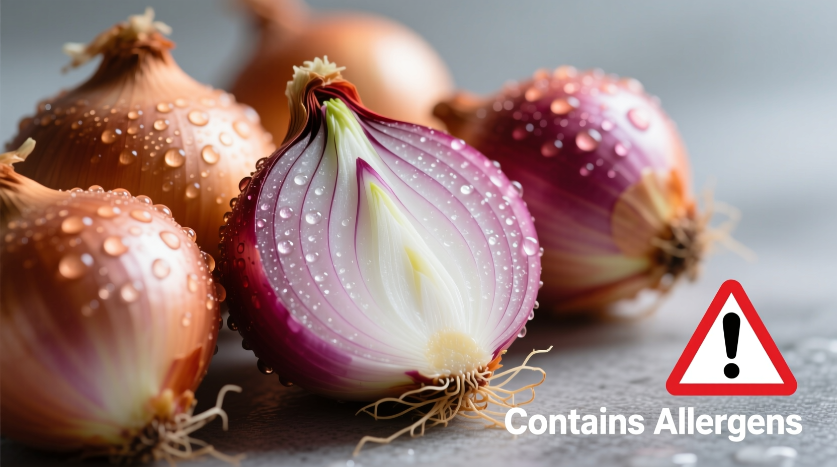 Close-up of fresh onions with allergy warning symbol