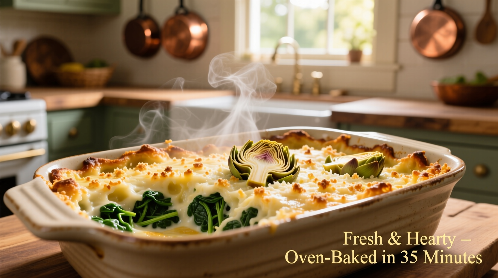 Golden spinach artichoke casserole fresh from oven