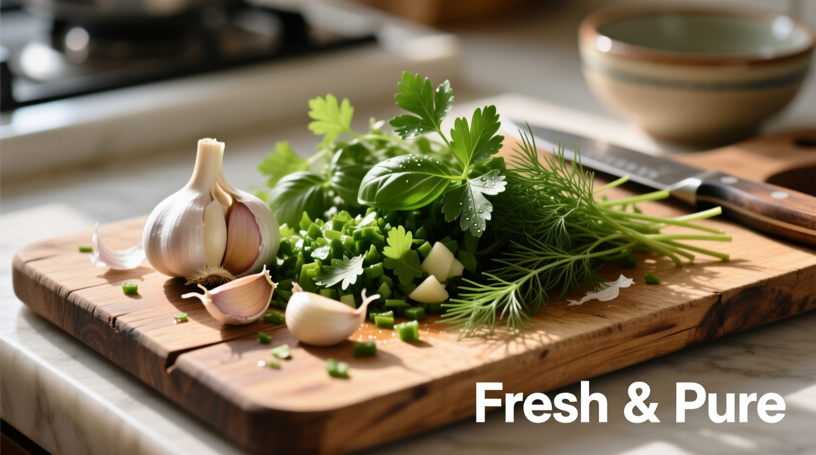 Fresh garlic and mixed herbs on wooden cutting board