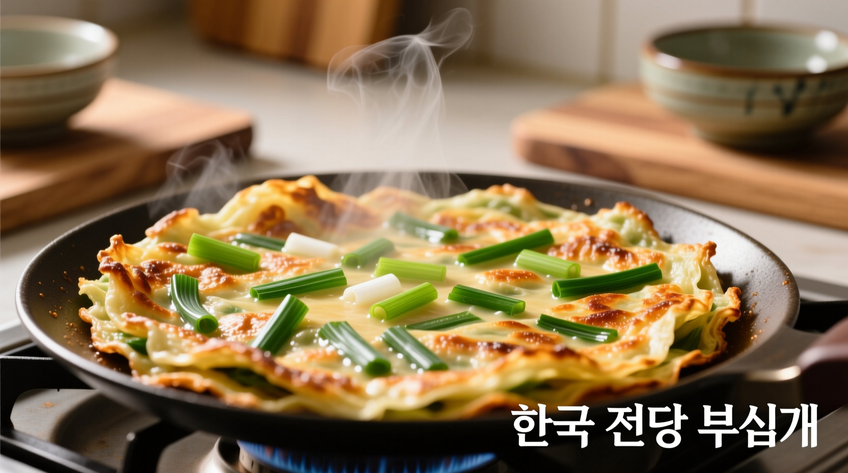 Freshly made Korean green onion pancake with crispy edges