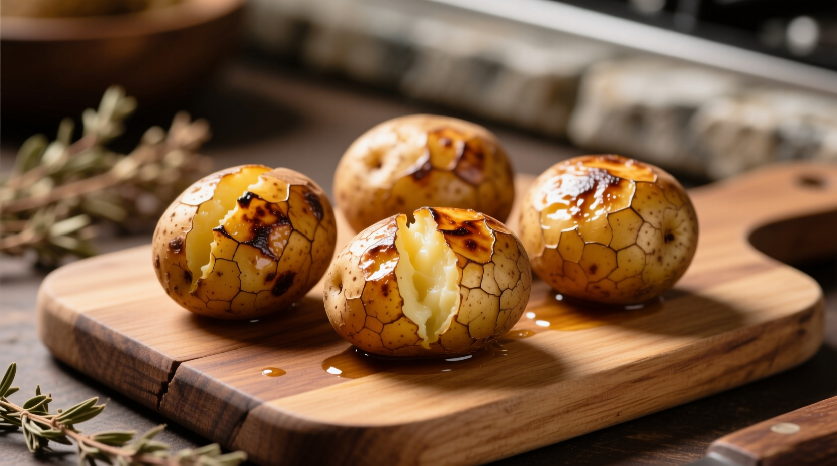 Four perfectly baked micro potatoes with crispy skins