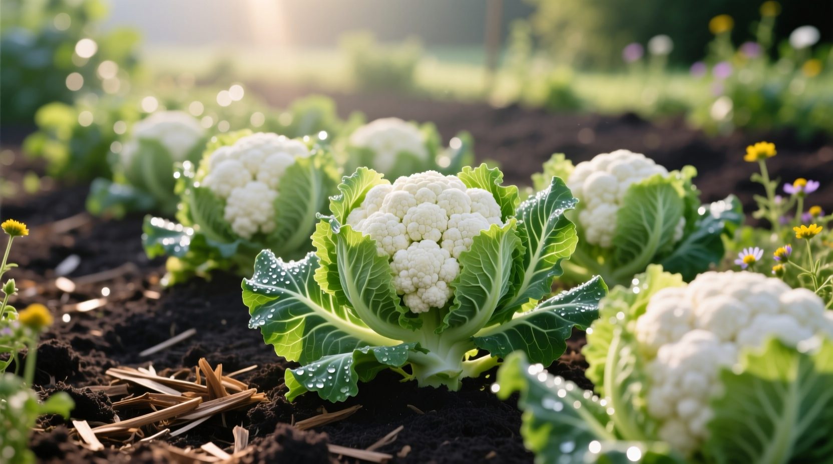 Healthy cauliflower plants in garden bed