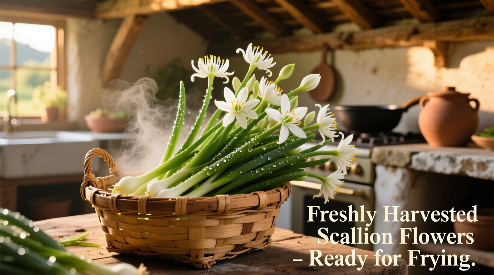 Freshly harvested scallion flowers ready for frying