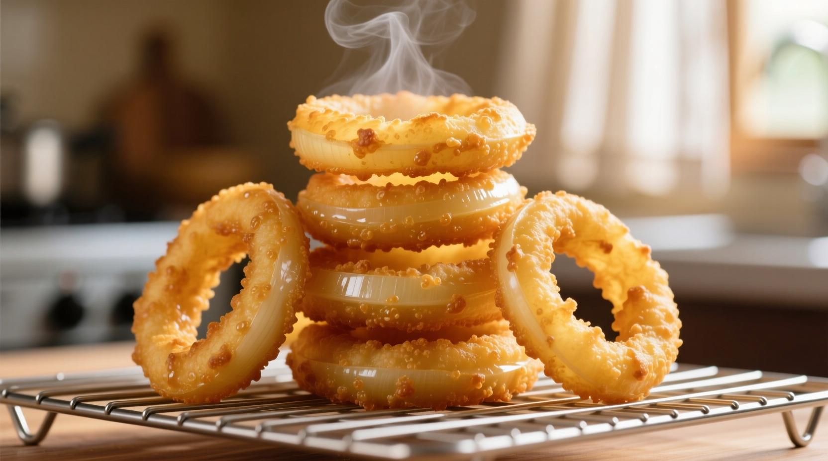 Perfectly golden onion rings on wire rack
