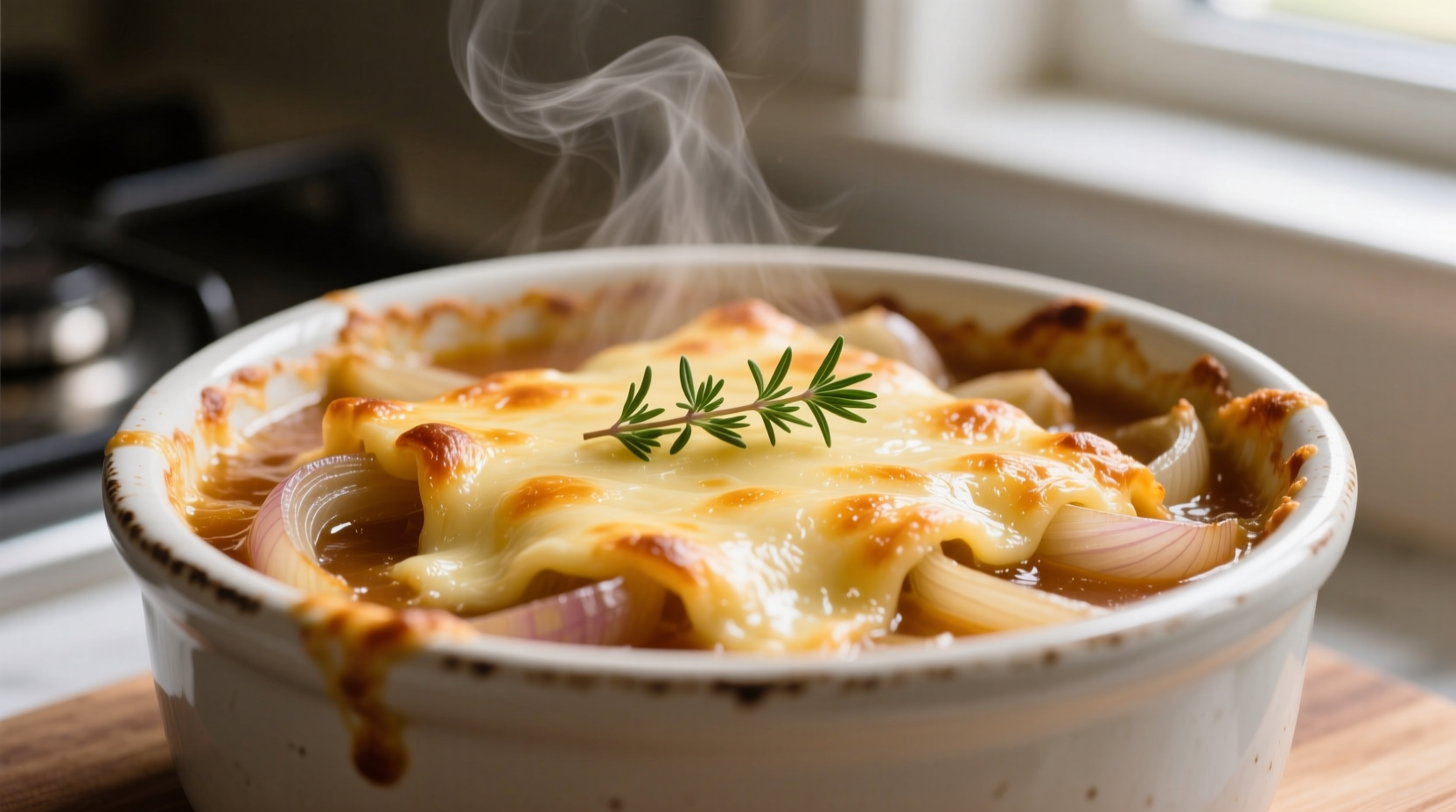 Golden French onion soup in white bowl with melted cheese