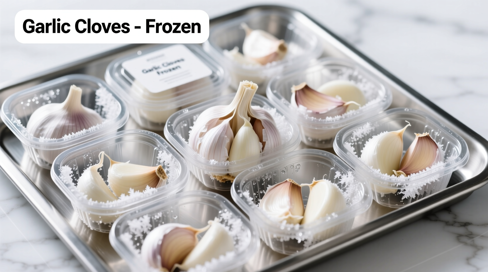 Peeled garlic cloves arranged for freezing in containers