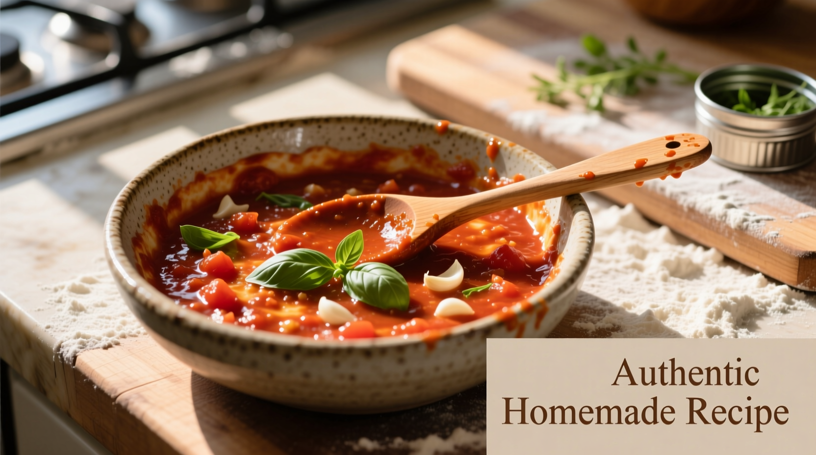 Homemade pizza sauce in bowl with spoon