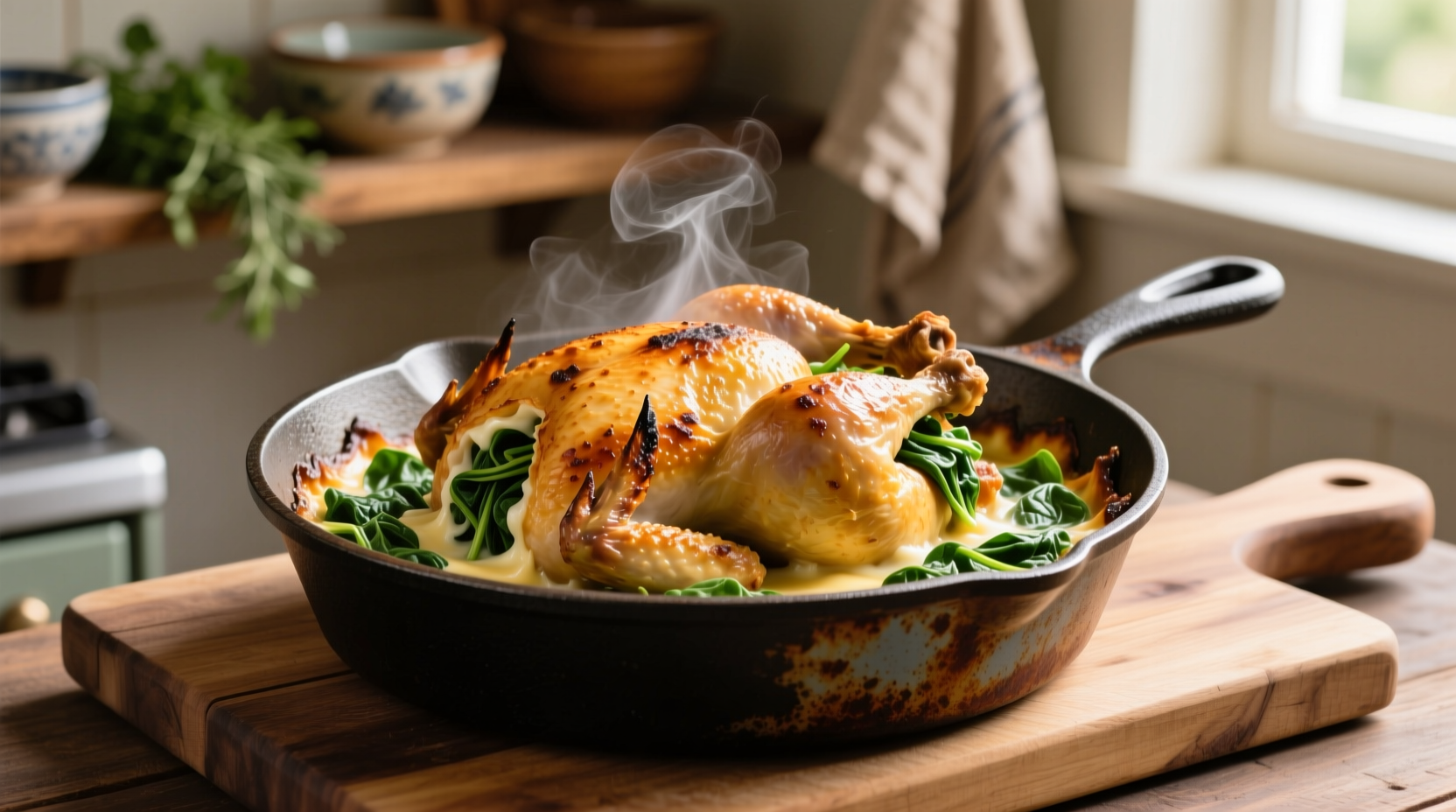 Stuffed spinach chicken in oven-safe skillet