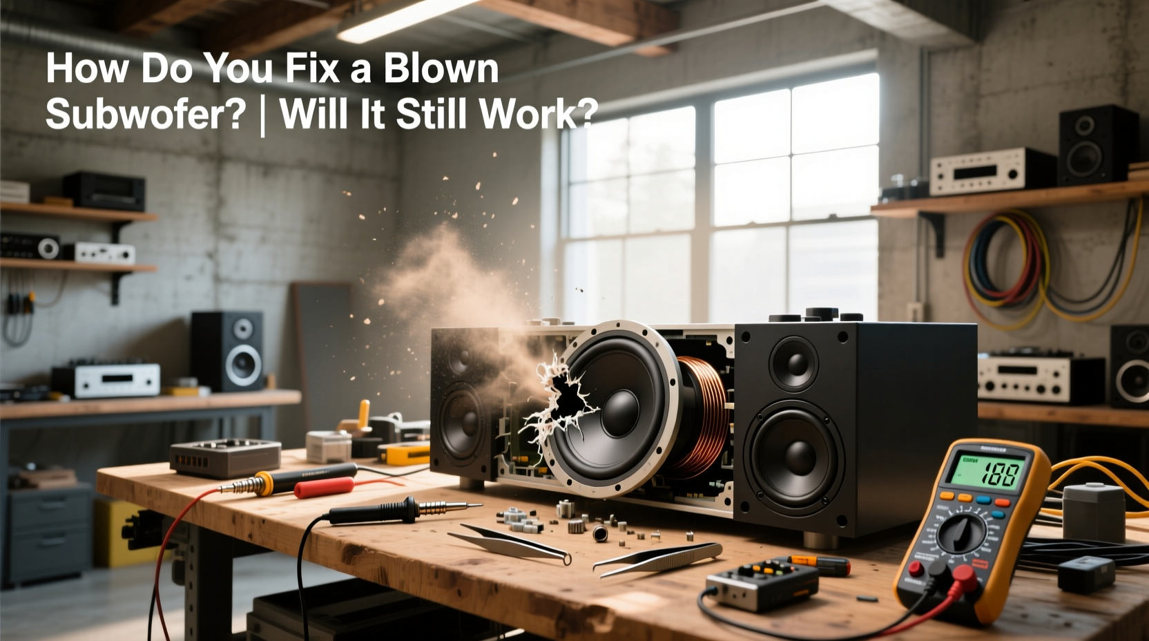 Step-by-step illustration showing tools and process for testing a subwoofer voice coil with a multimeter