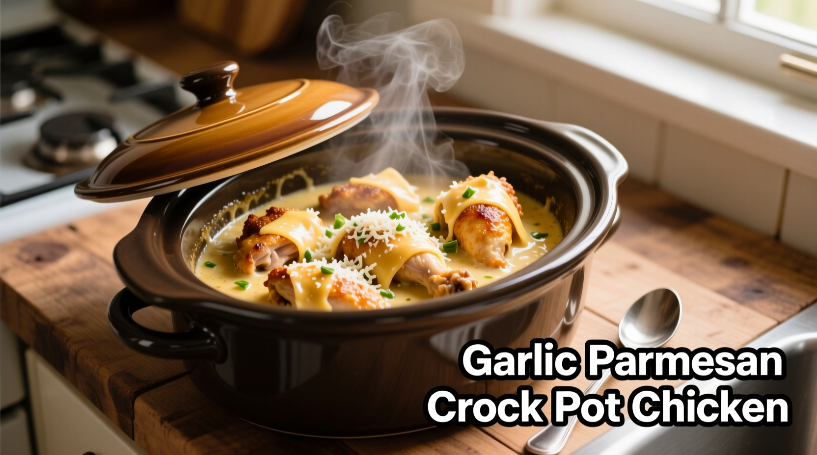 Garlic parmesan crock pot chicken in slow cooker