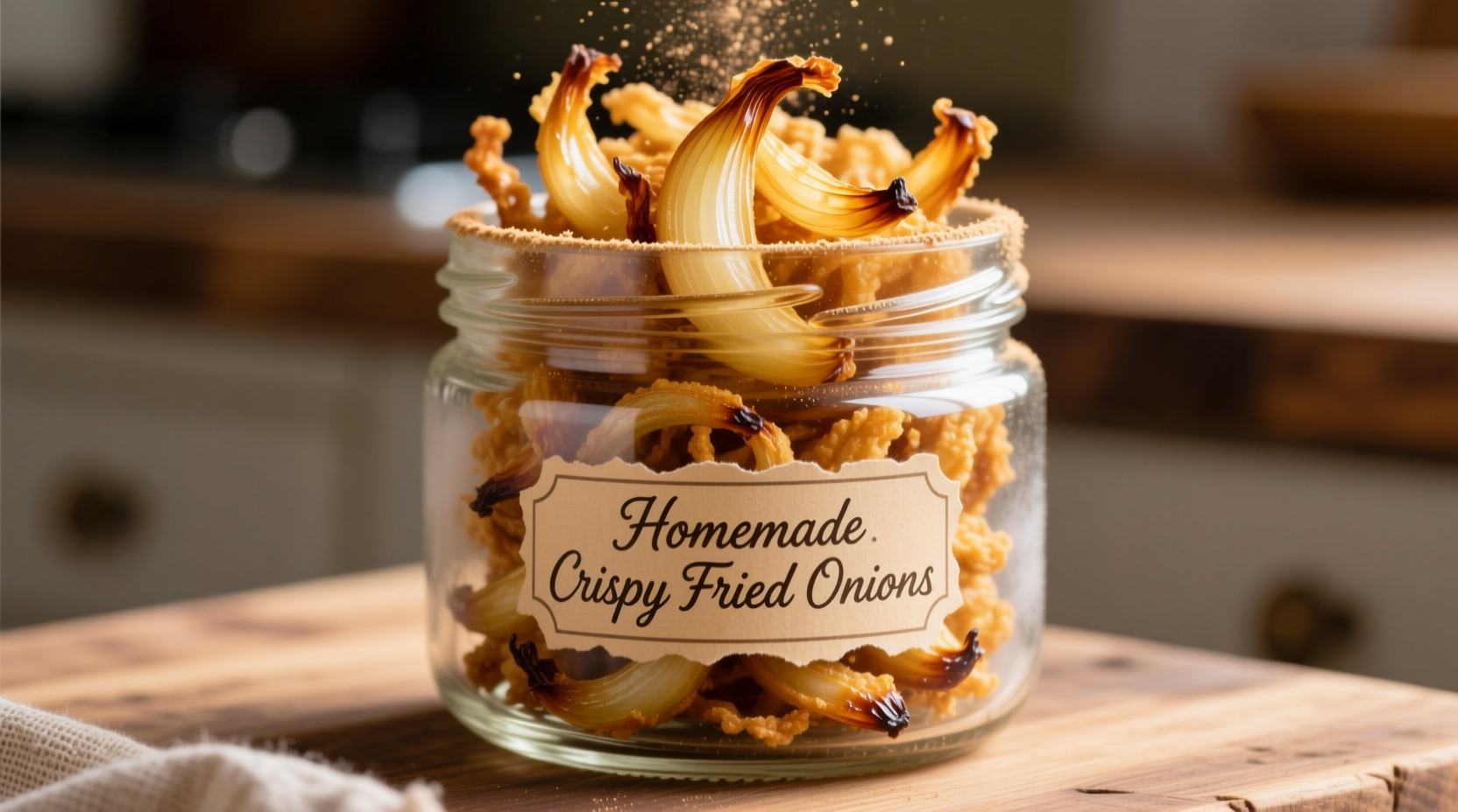 Golden crispy fried onions in glass jar