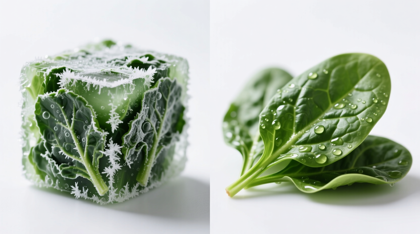 Side-by-side comparison of frozen spinach block and fresh spinach leaves