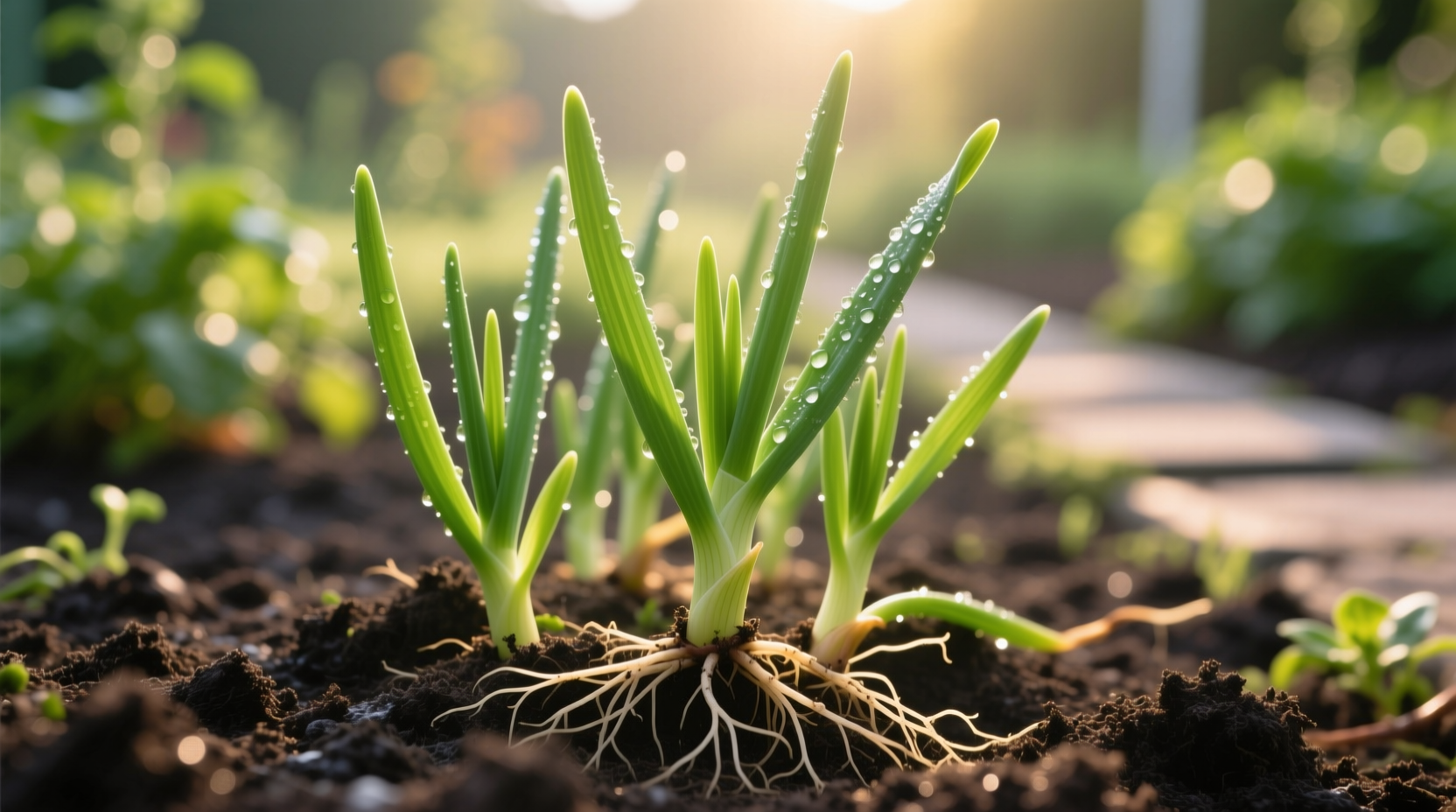 Close-up of bunching onion seedlings in garden