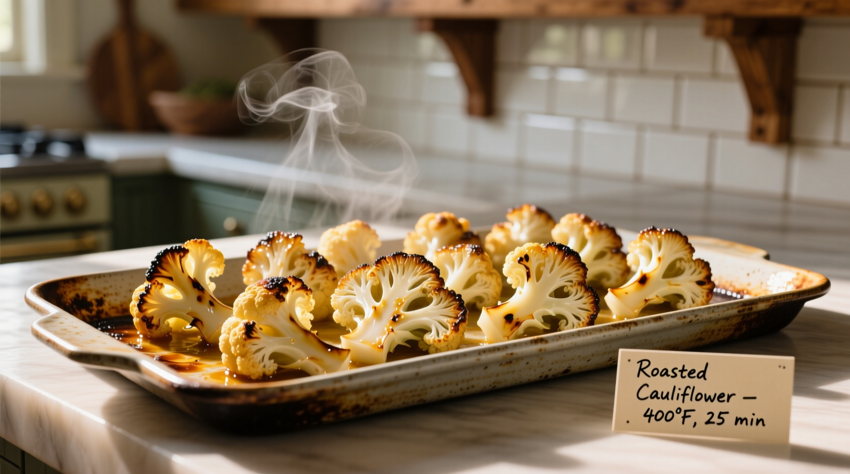 Perfectly roasted cauliflower florets on baking sheet