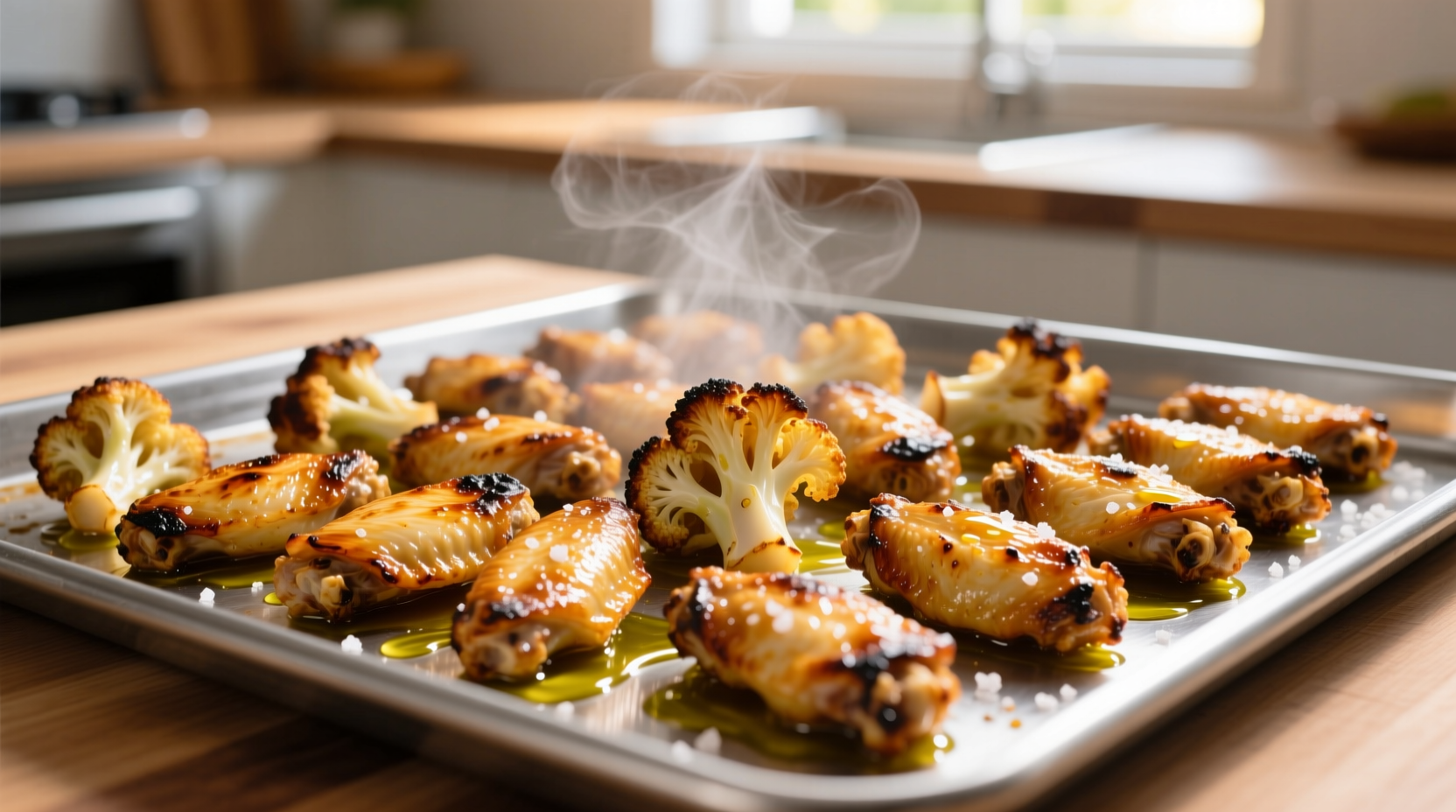Crispy golden cauliflower wings on baking sheet