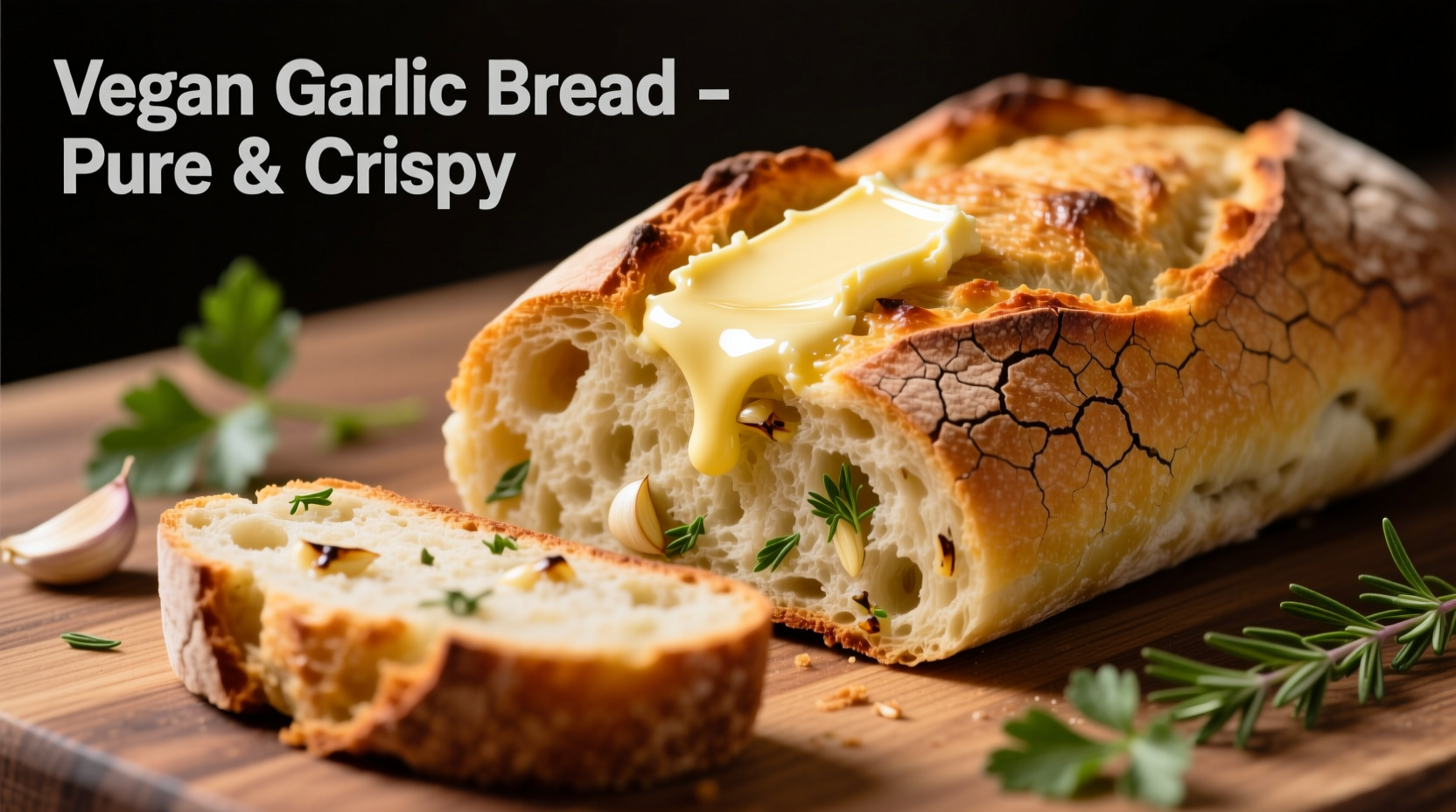 Vegan garlic bread with golden crust and melted butter