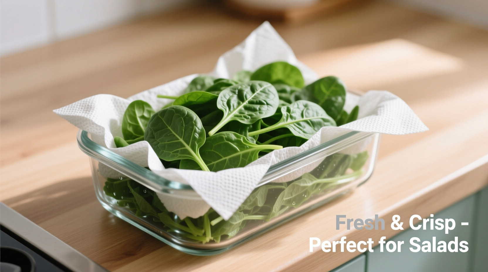 Fresh spinach stored in container with paper towels