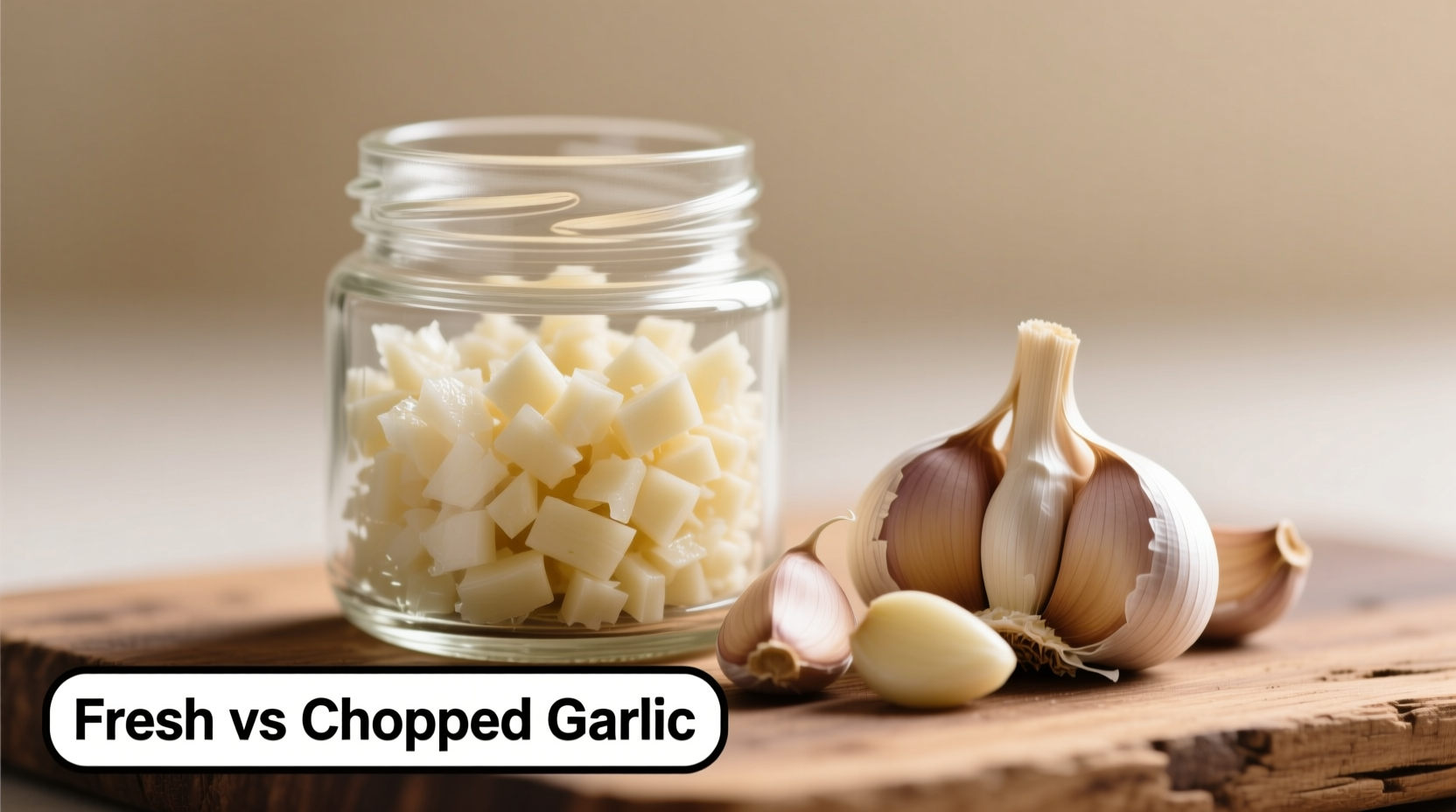 Chopped garlic in glass jar with fresh cloves comparison