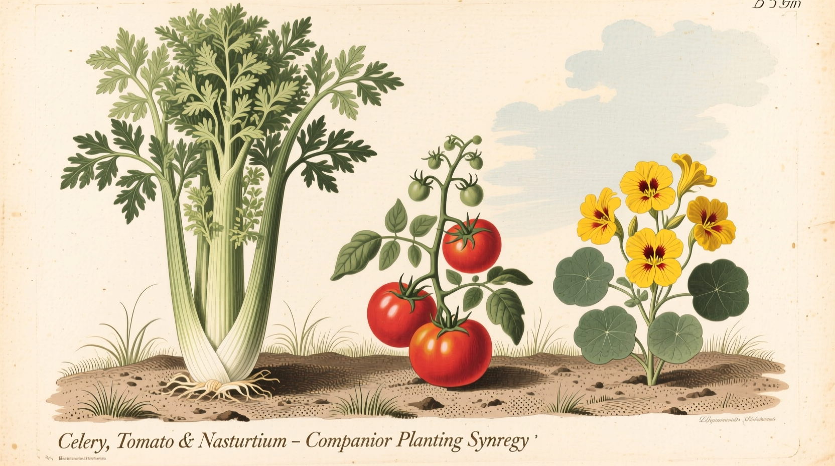 Celery growing with tomato and nasturtium companion plants