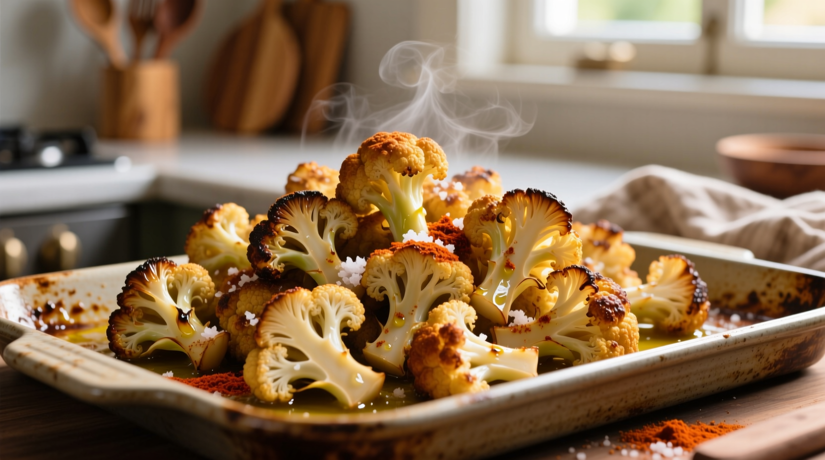 Perfectly roasted seasoned cauliflower on baking sheet