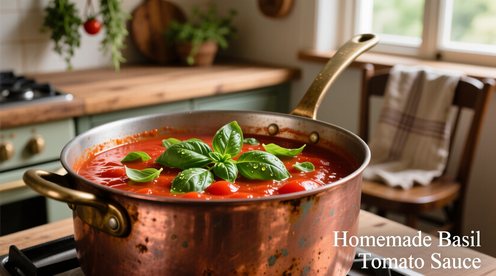 Fresh tomato sauce with basil garnish in copper pot