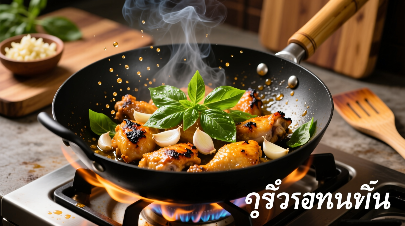 Thai garlic chicken sizzling in wok with fresh basil