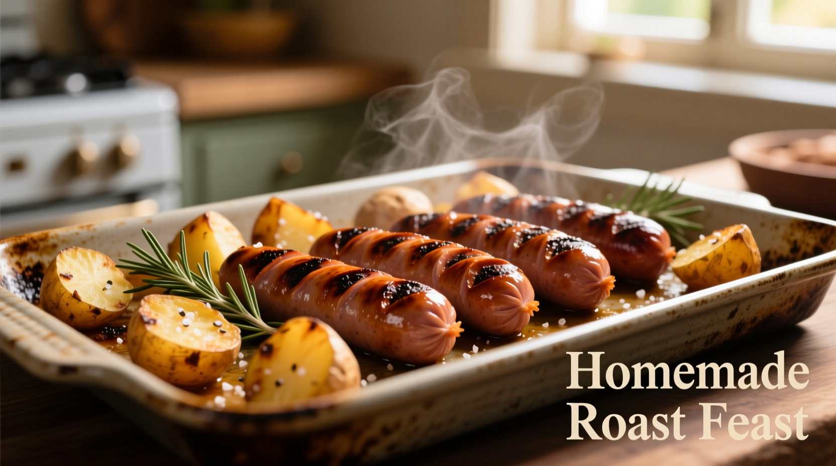 Crispy roasted sausage and potatoes on baking sheet
