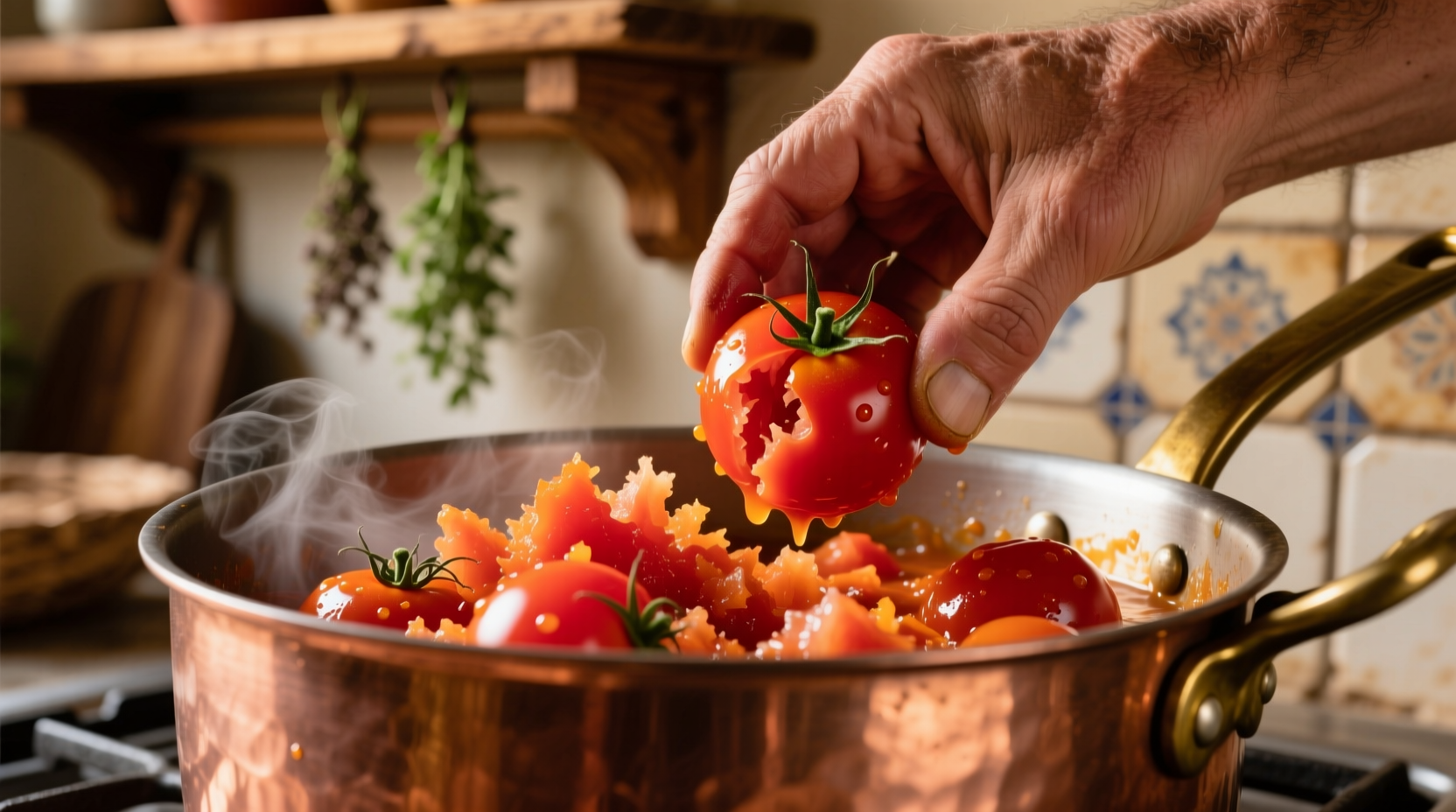 Hand-crushed San Marzano tomatoes in copper pot