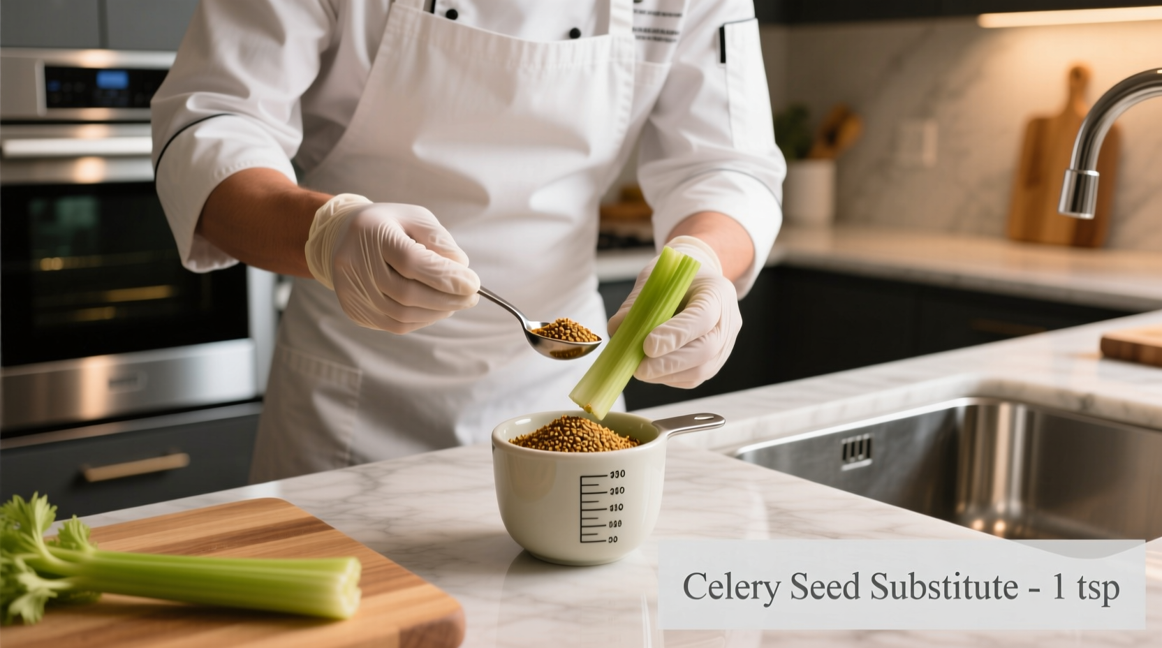 Chef measuring celery seed substitute in kitchen