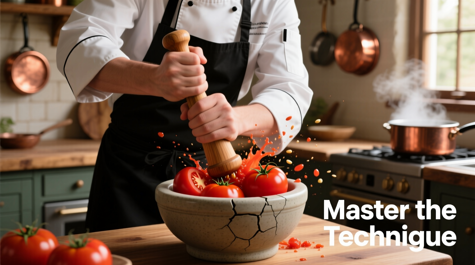 Chef demonstrating proper tomato smashing technique with pestle