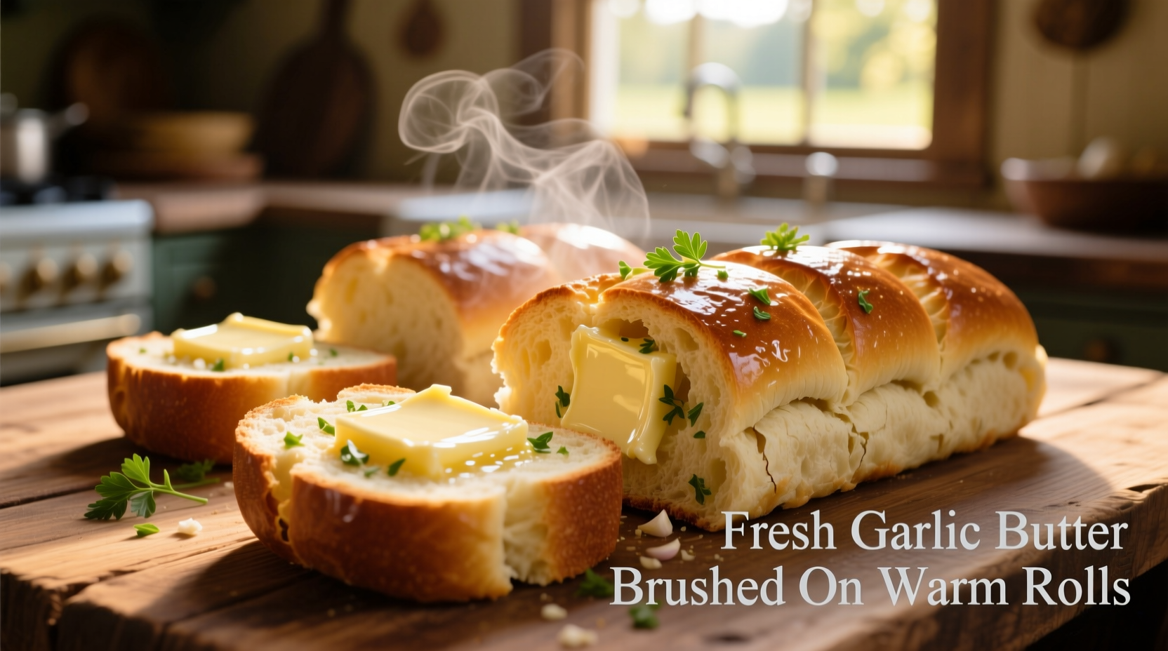 Fresh garlic butter brushed on warm rolls