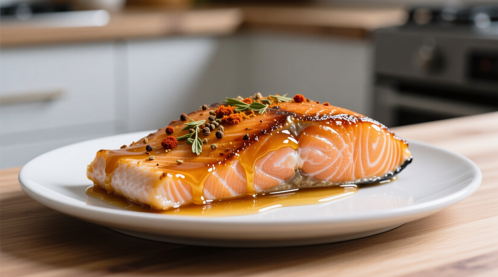 Step-by-step collage: dry-brining salmon, searing skin, simmering glaze with spices, basting