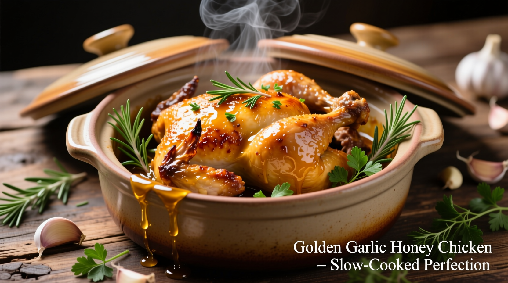 Golden garlic honey chicken in crock pot with fresh herbs