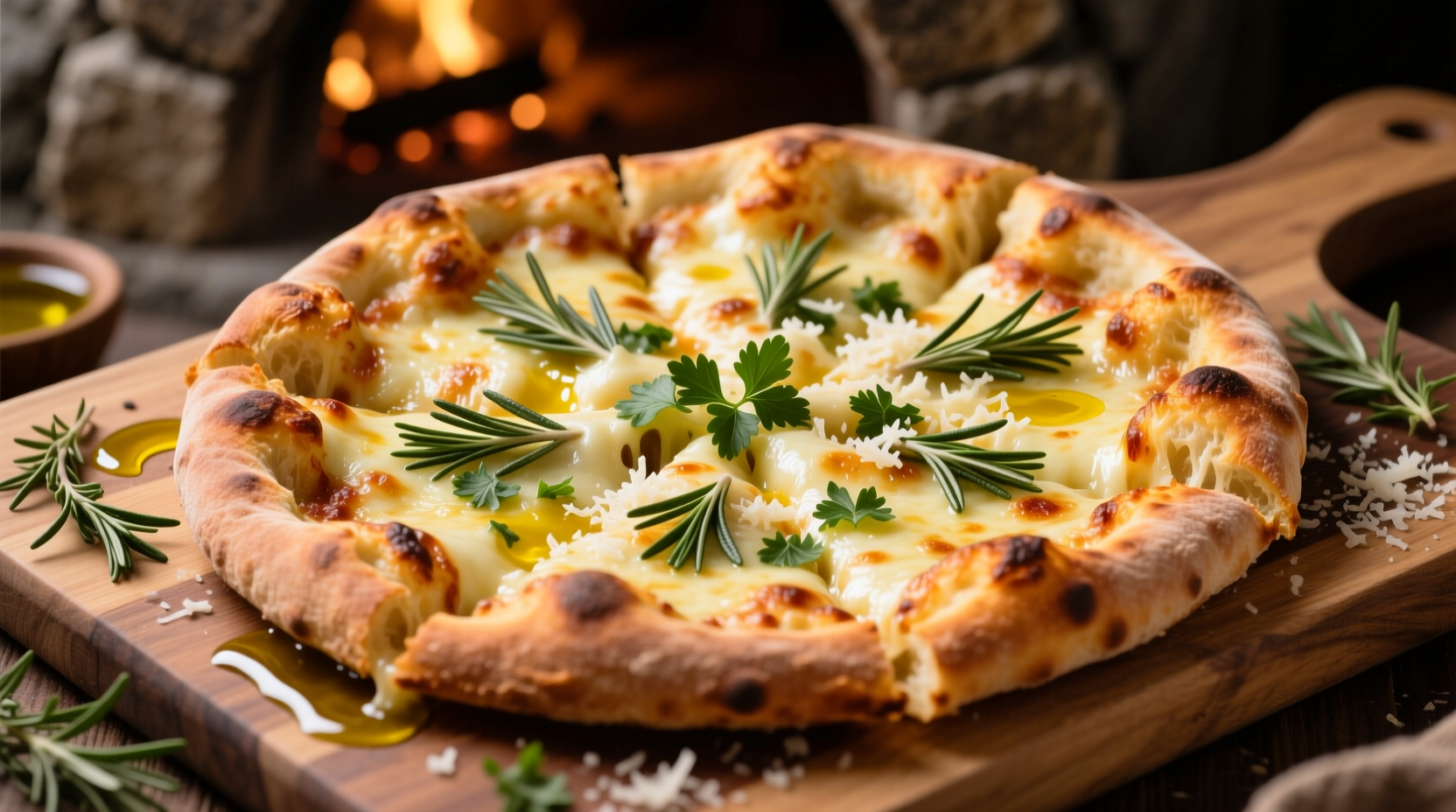 Golden garlic bread pizza with melted cheese and herbs
