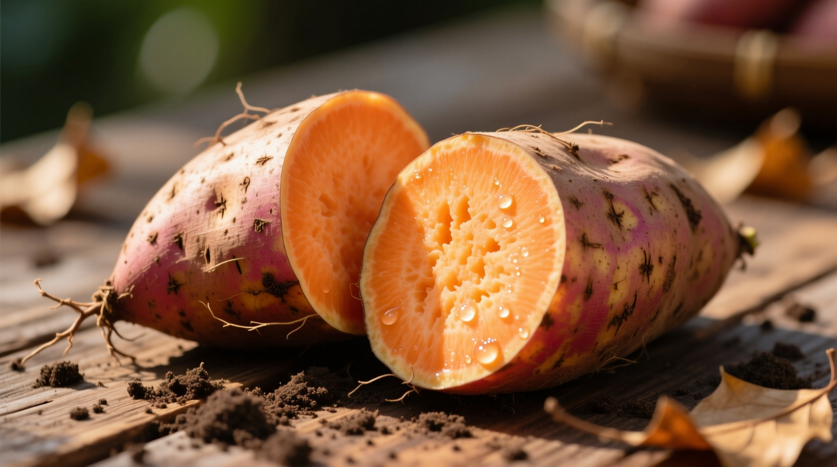 Fresh sweet potatoes with vibrant orange flesh
