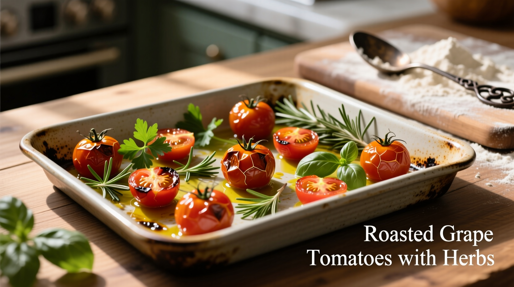 Roasted grape tomatoes with herbs on baking sheet