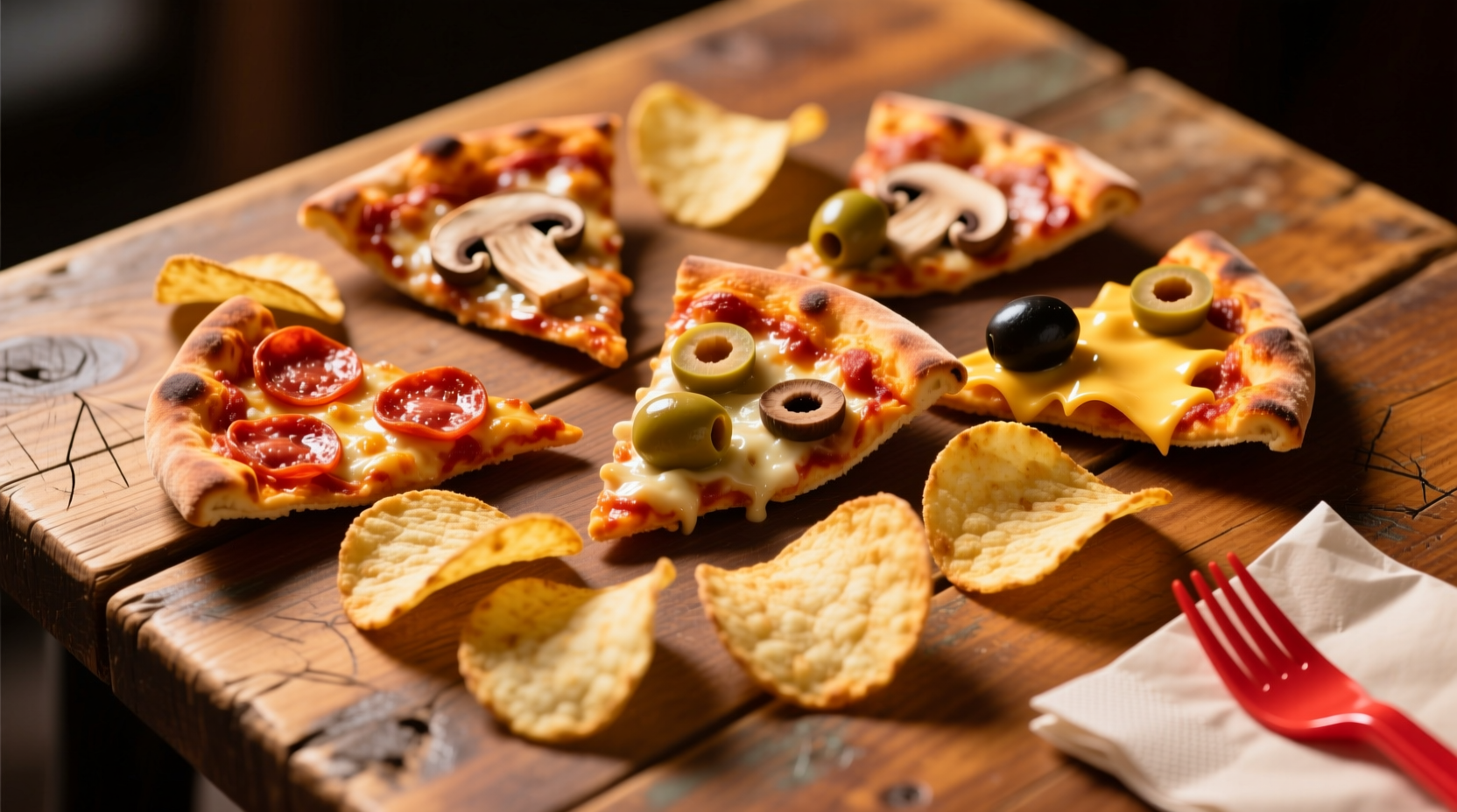 Assorted pizza flavored potato chips on wooden table