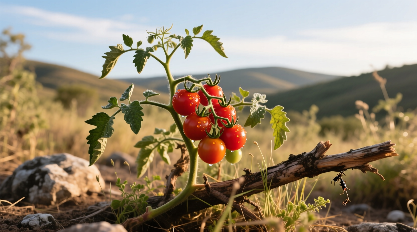 Wild tomato plant with small red fruits growing in natural habitat