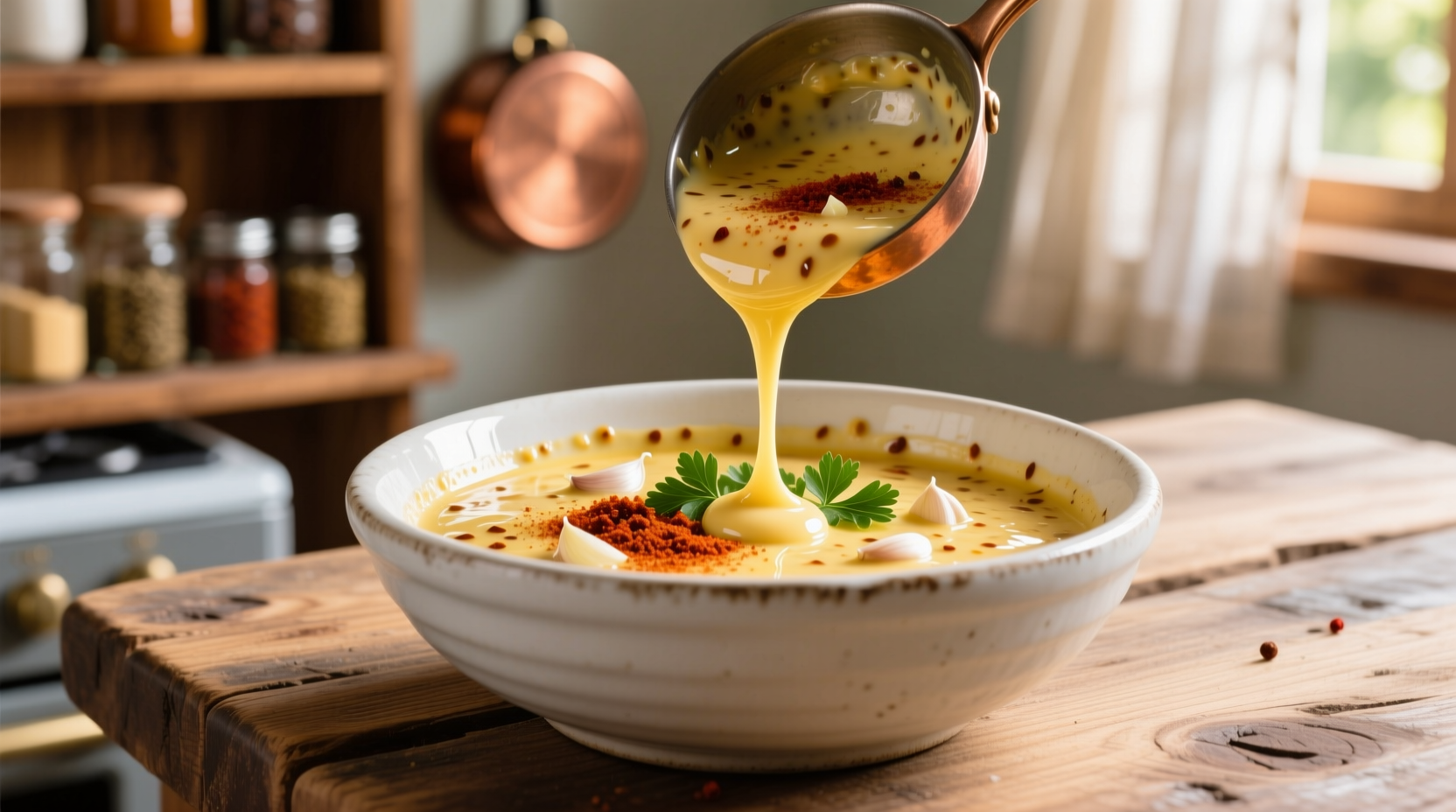 Homemade garlic cajun butter sauce in a white bowl