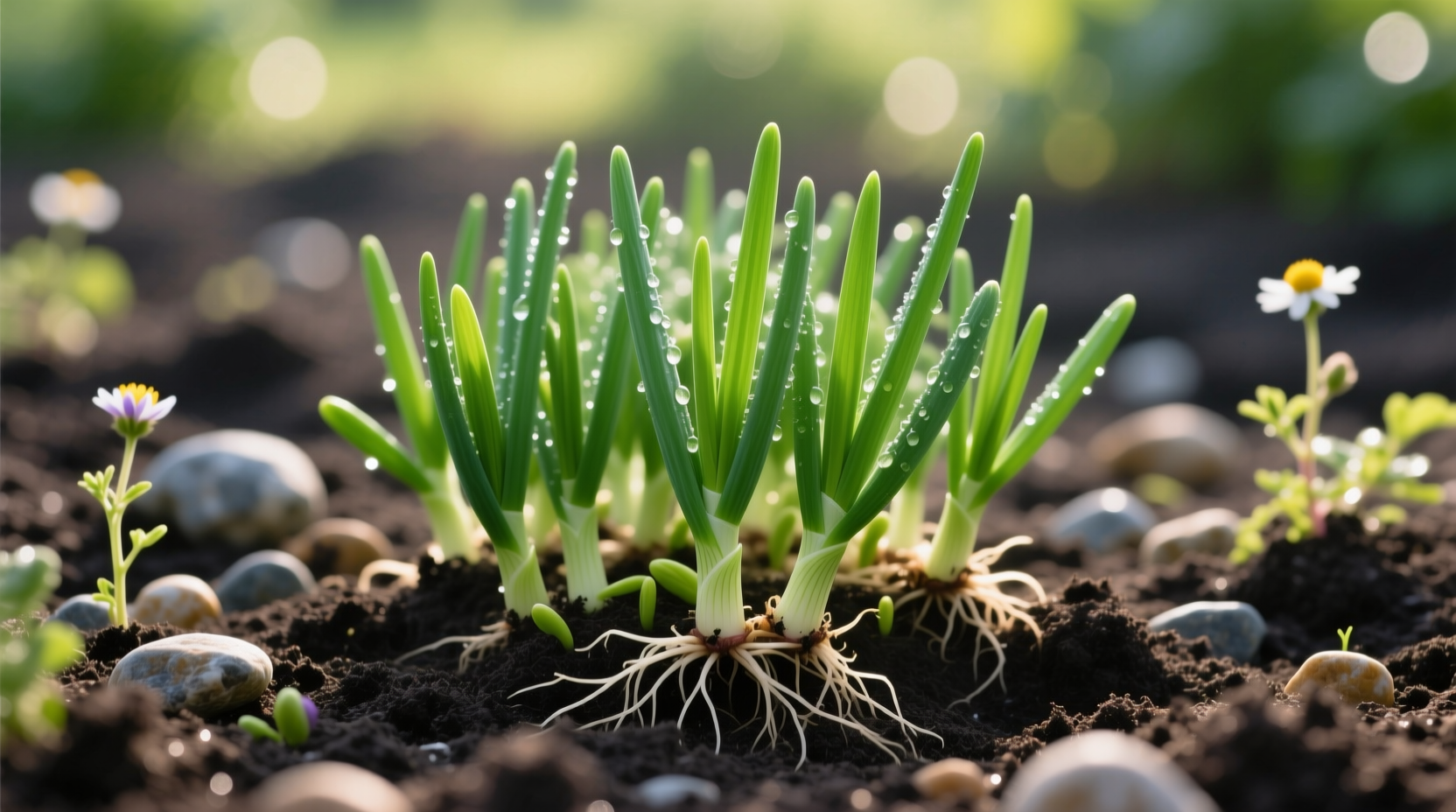 Healthy green onion seedlings in garden bed