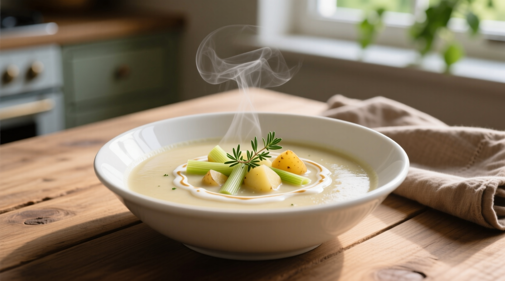 Creamy vegan leek and potato soup in white bowl