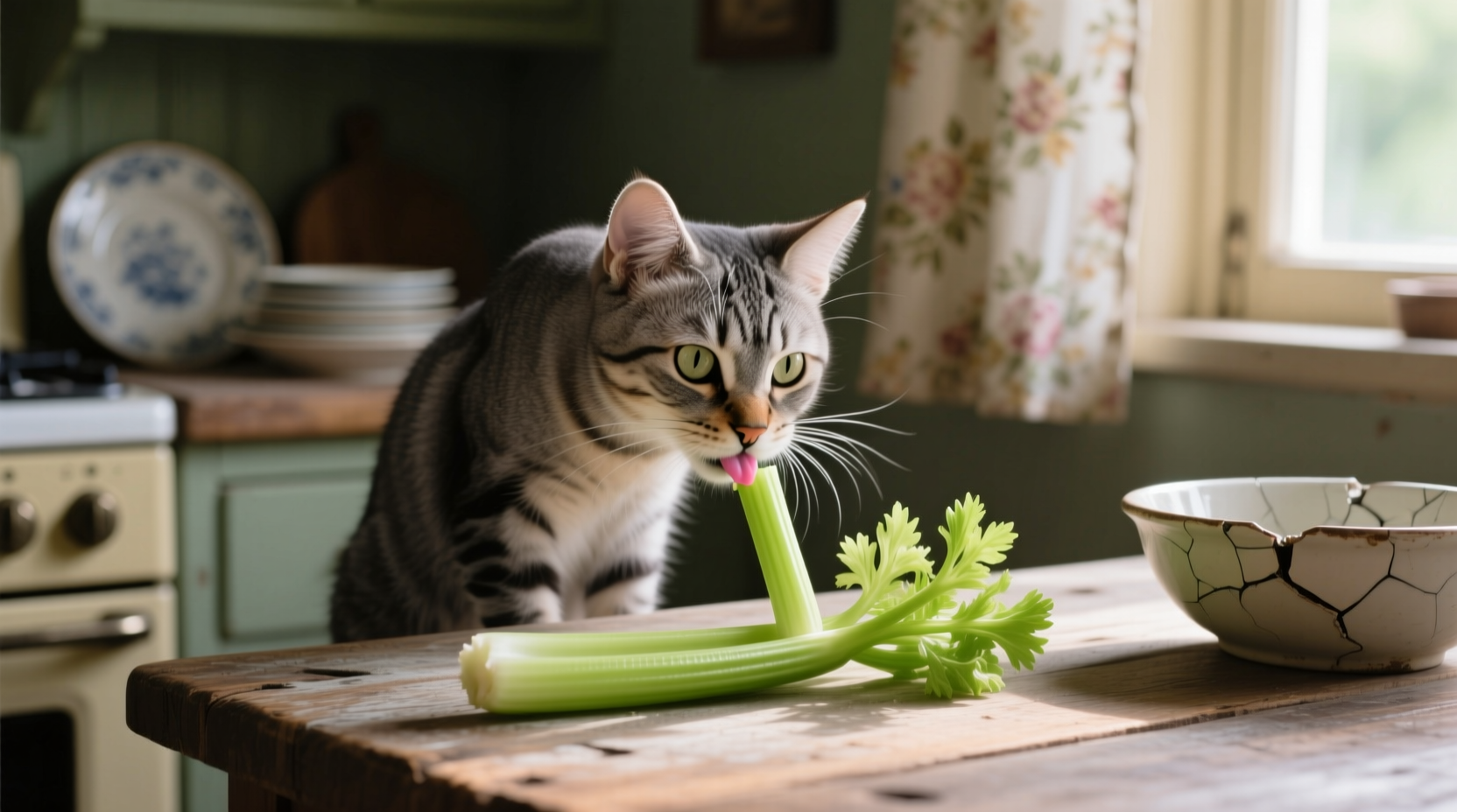 Cat cautiously nibbling on small piece of celery