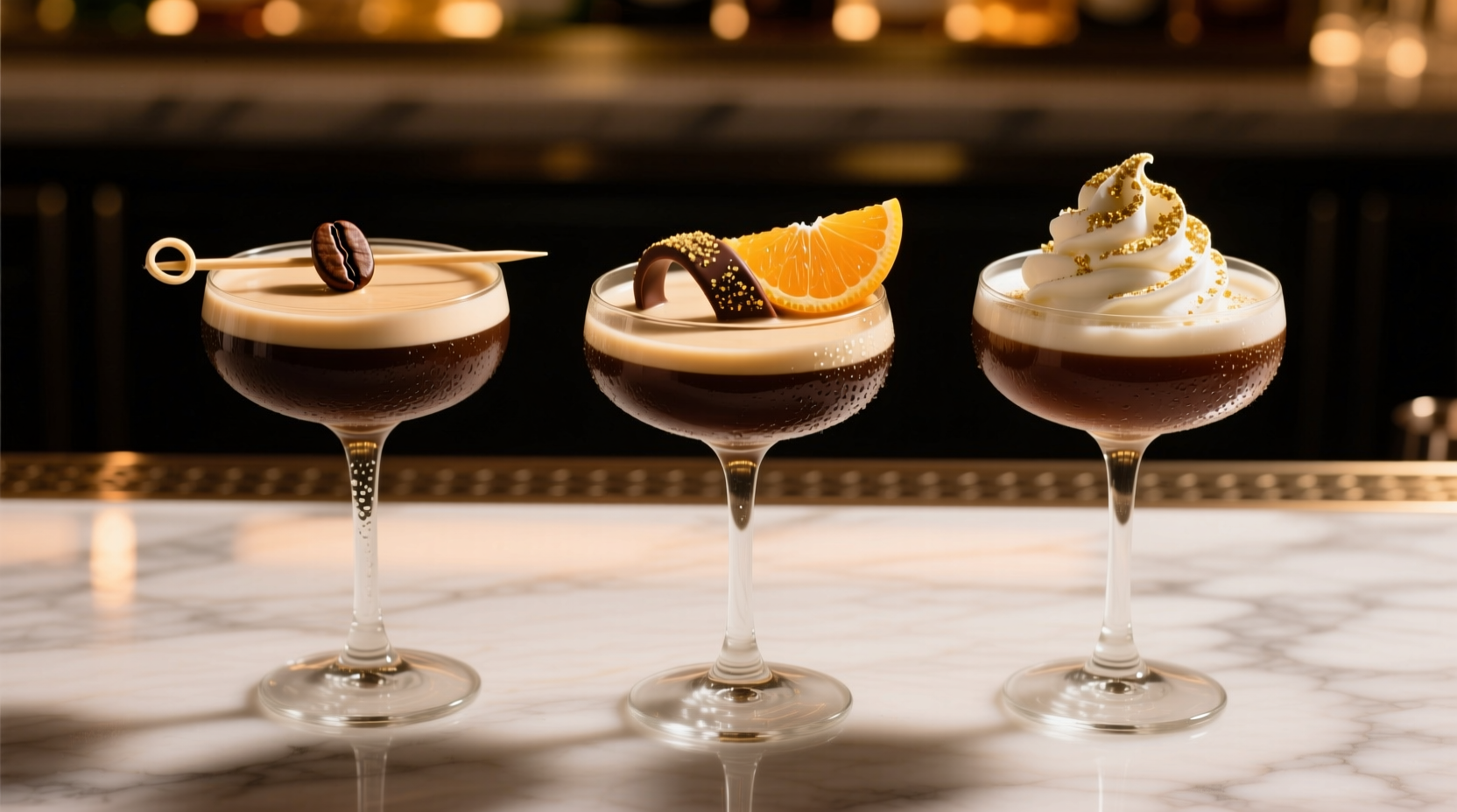 Three espresso martini variations with different garnishes